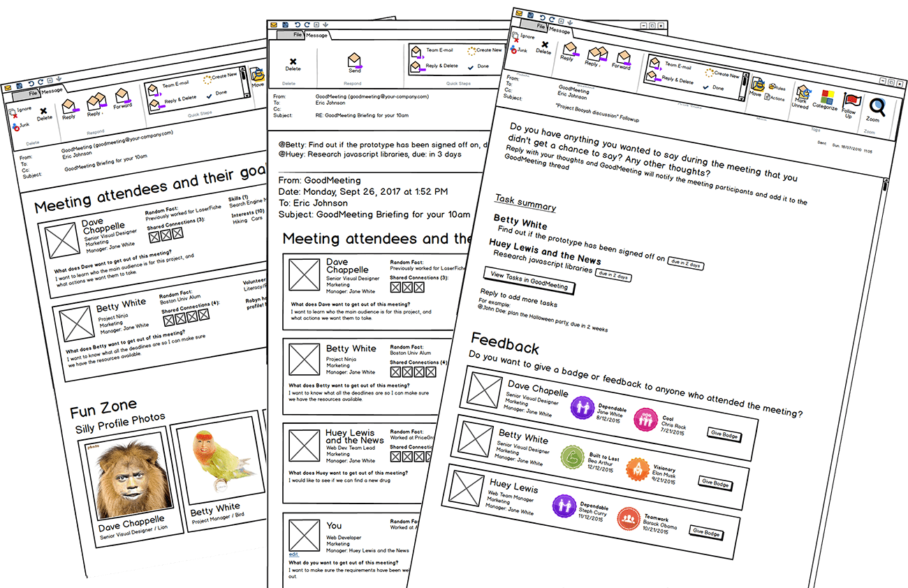 Collage of 3 pages of the GoodMeeting wireframes