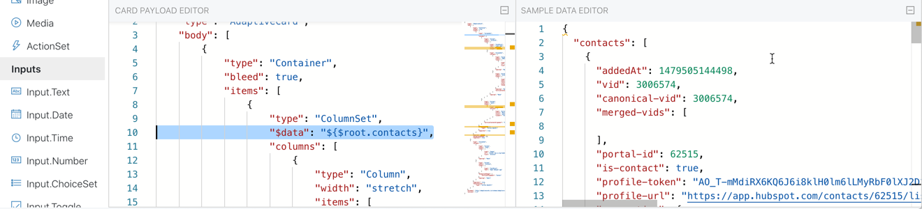 Example payload editor/sample data editor panes showing how data binding works