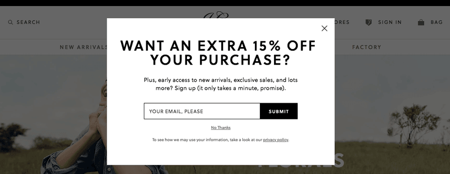 J crew website displaying a popup with discount