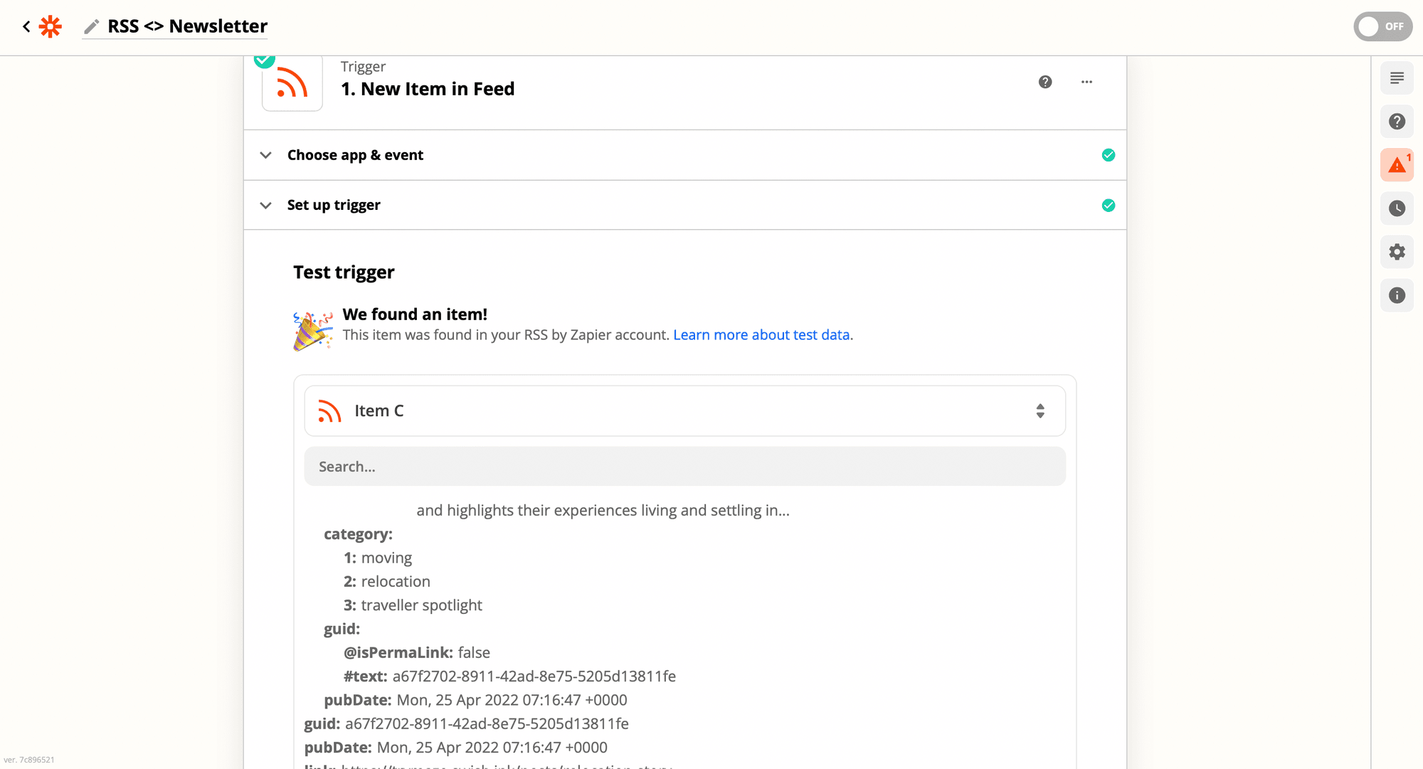 Screenshot of Zapier interface to set up RSS by Zapier action