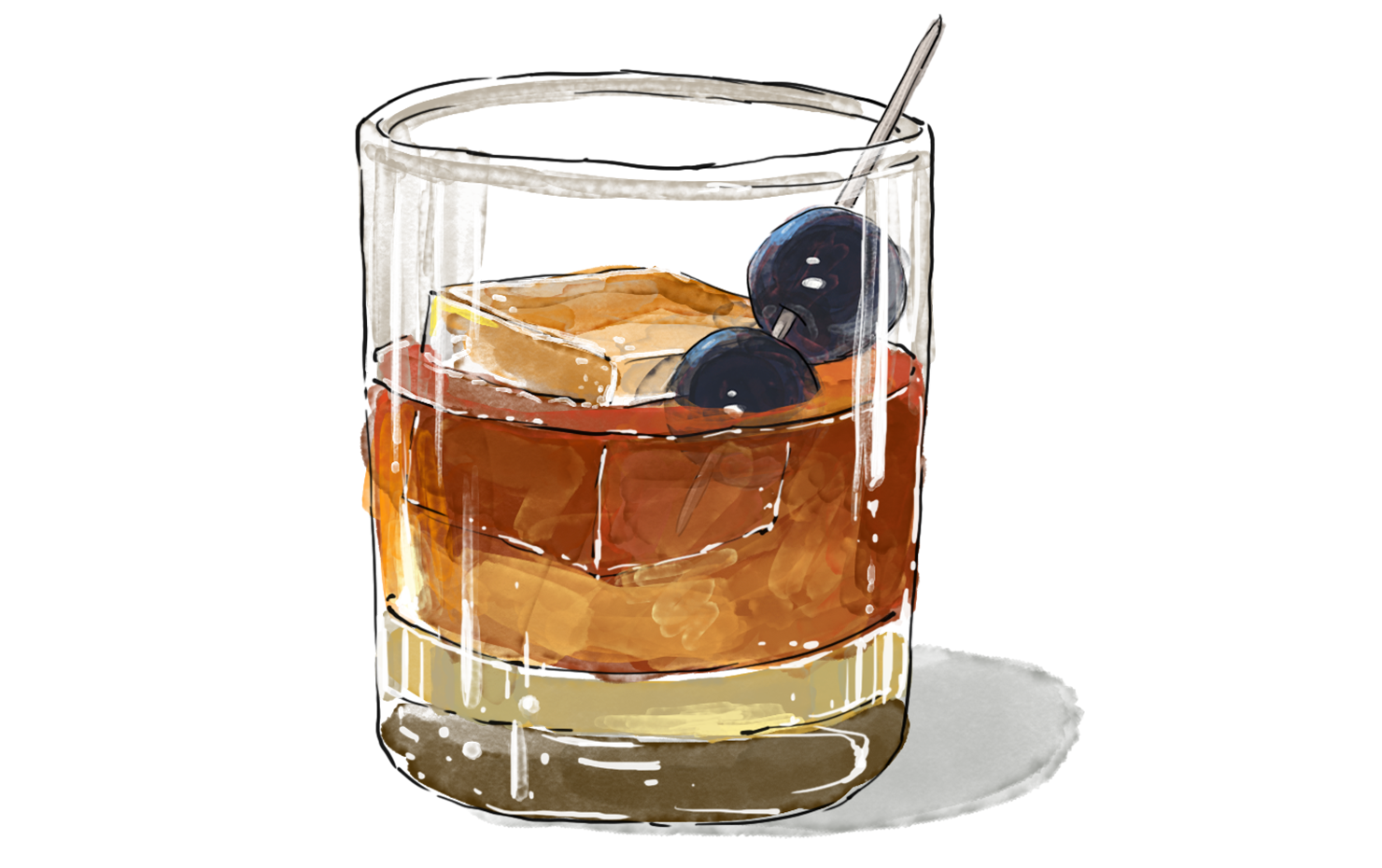 Illustration of a glass of Maple Bourbon in an Old Fashioned style glass