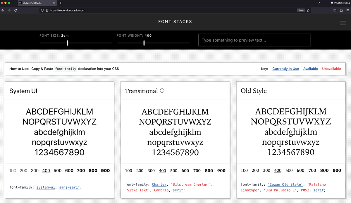 A screenshot of the Modern Font Stacks website.