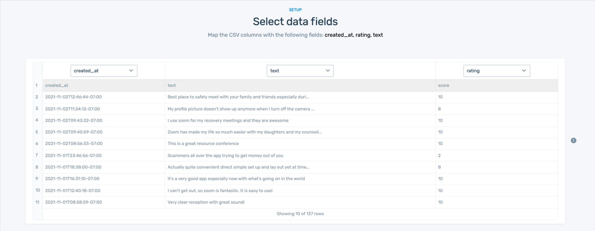 Select data fields. Rows and columns to be filled.