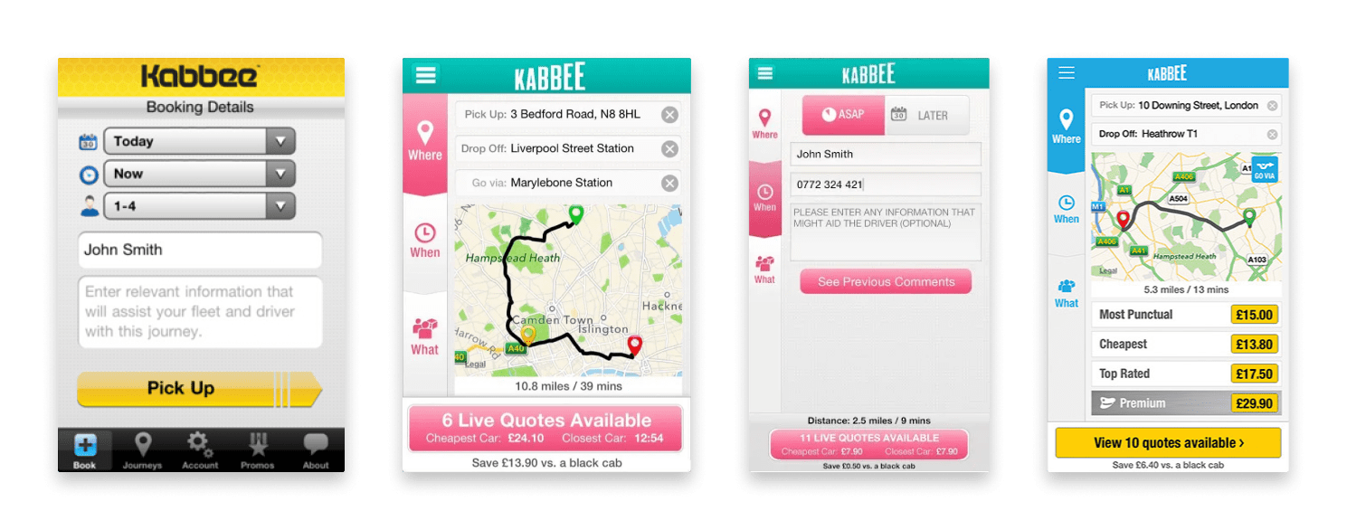 Screenshots showing variations of the Kabbee app in different colours