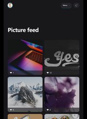 A screenshot of the picture feed when visited on a smaller device with dark mode activated. It shows square thumbnails of pictures arranged into two columns, with each a white heart and the number of likes near the bottom margin.