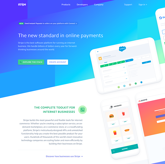 Stripe landing page hero design