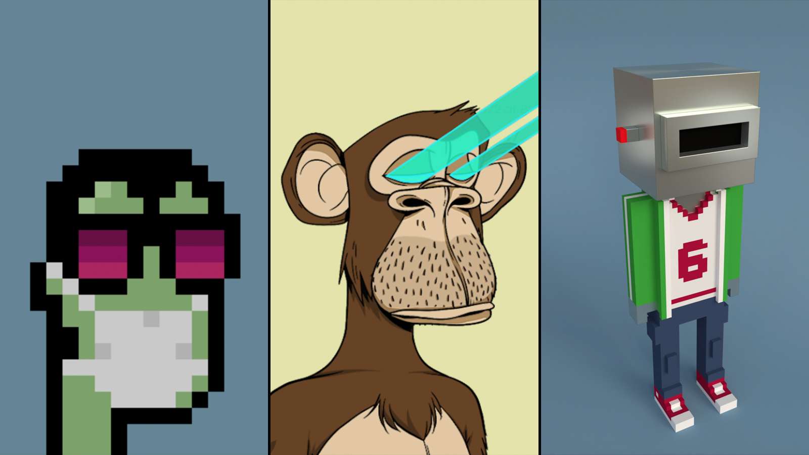 Three NFTs side-by-side: A Cryptopunk with green skin and pink glasses, a Bored Ape with blue laser eyes, and a Meebit with a silver robot head.