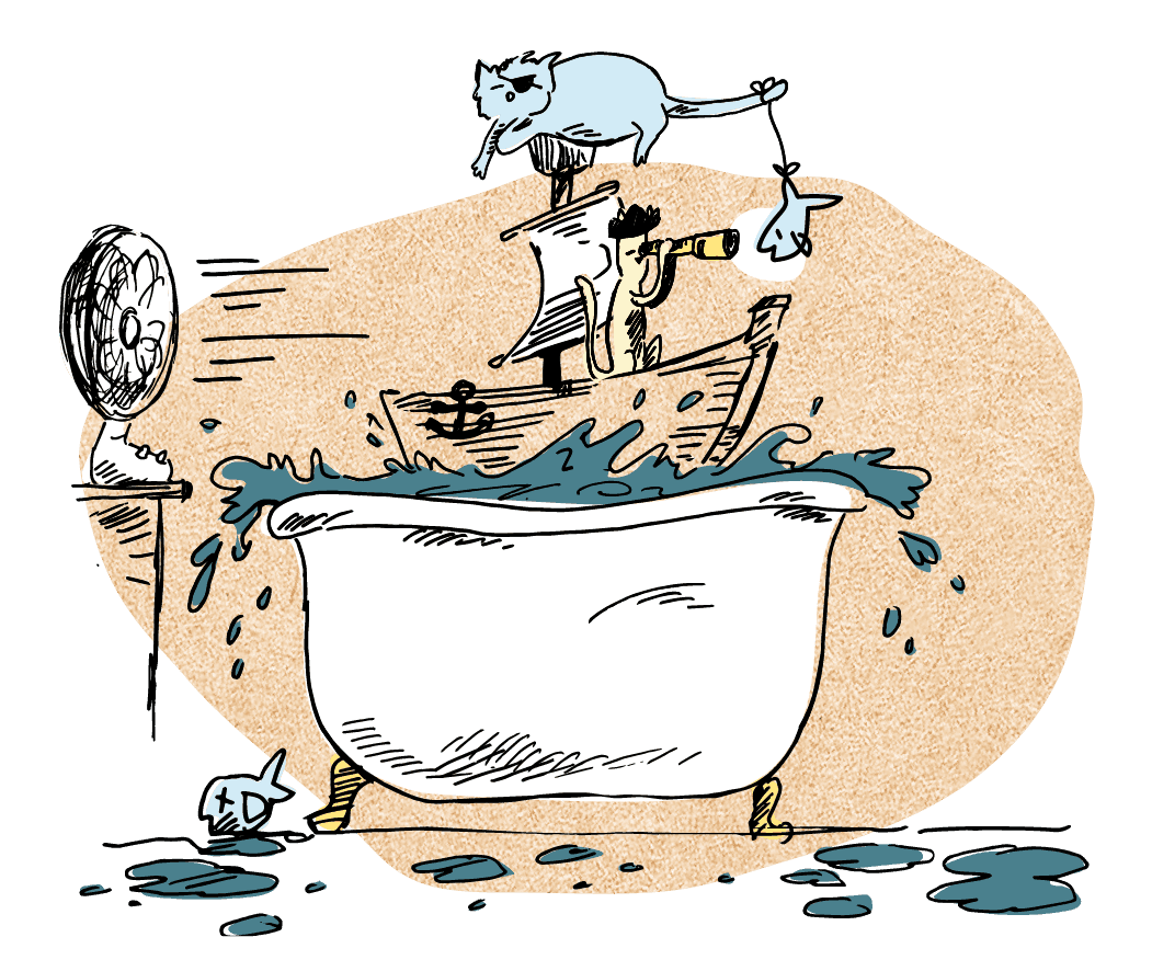 Dessin d'un bateau de chats pirates naviguant sur les eaux agîtées de la baignoire