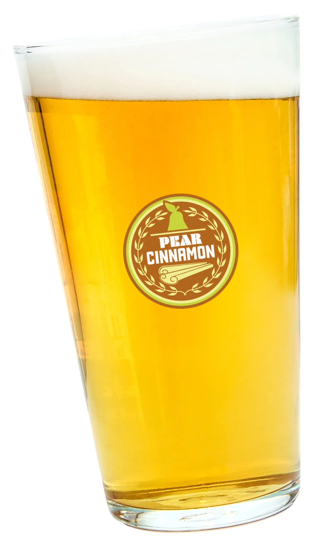 A tilted pint of beer with a "Pear Cinnamon" logo.