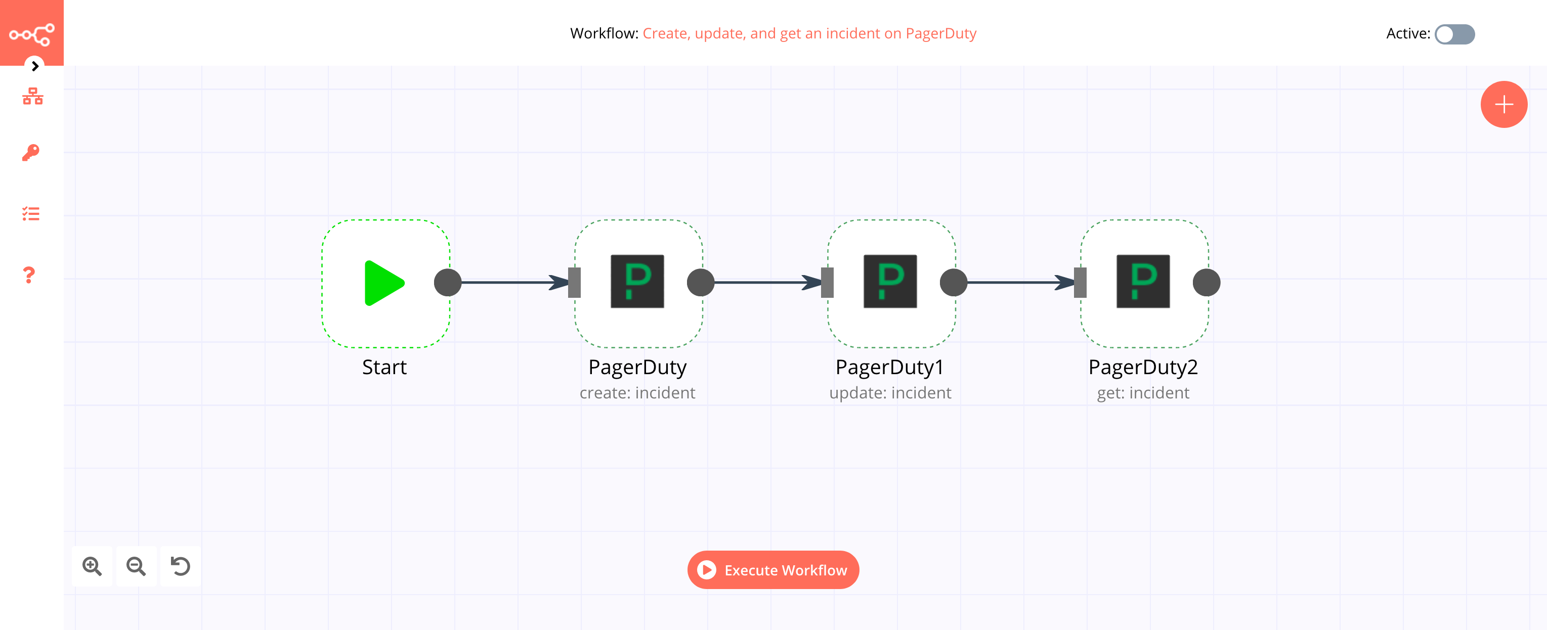 A workflow with the PagerDuty node