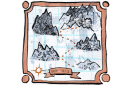 Cartoon of a treasure map labelled data sets.