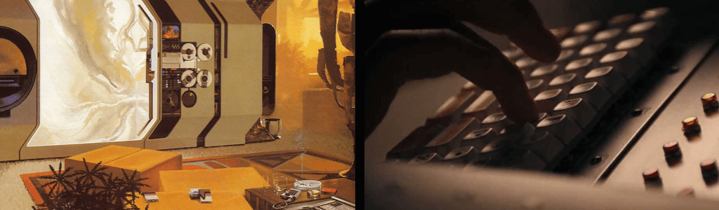 On the left is a Syd Mead drawing, a warm orange interior with beige colors forms a room with hard lines and technical gear in the background. On the right a closeup of the movie Alien, showing fingers typing on a keyboard.