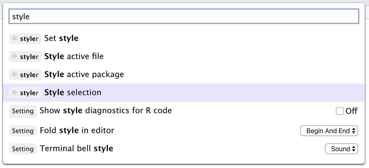 The Command Palette showing code style commands from the styler addin