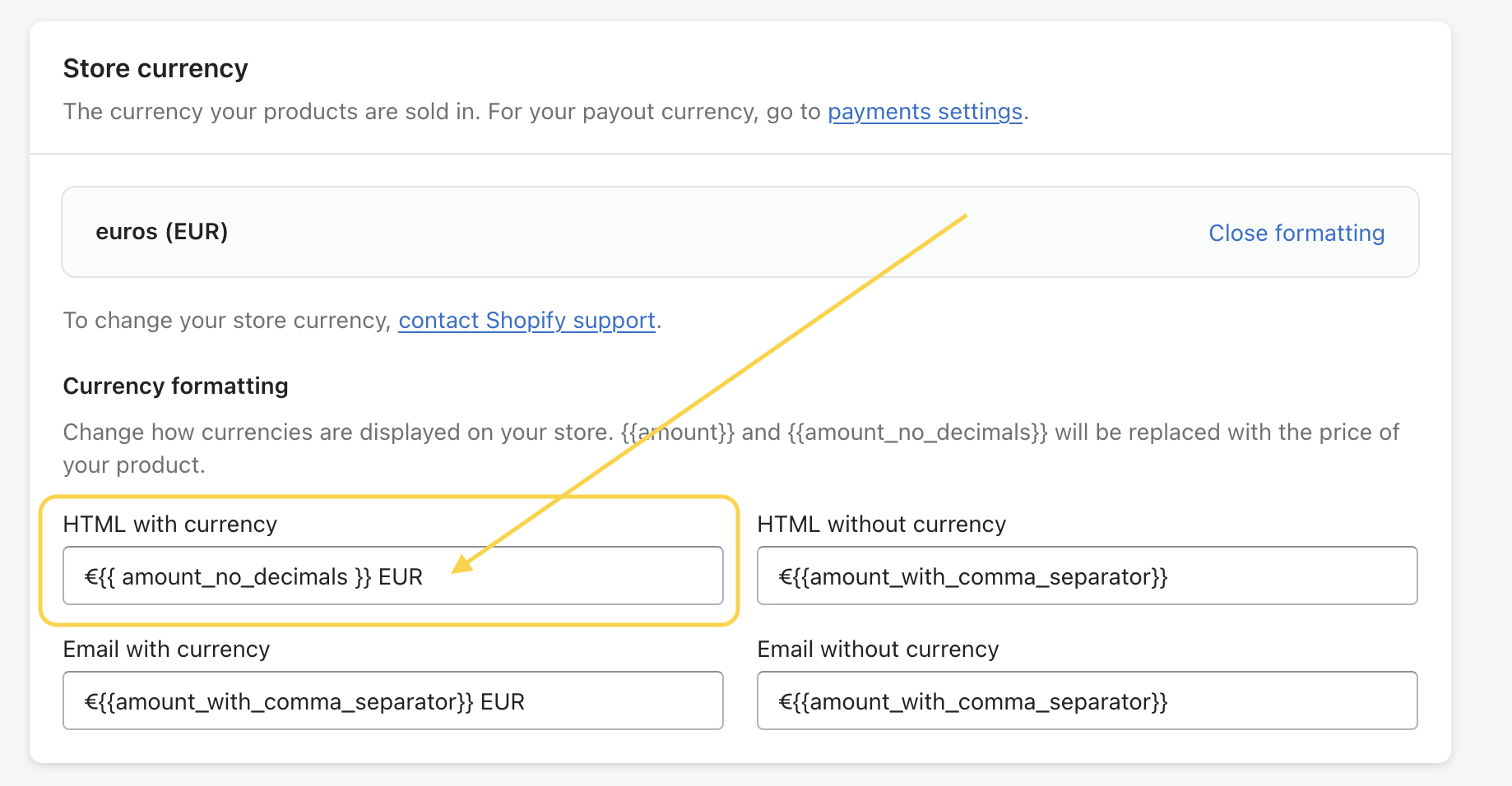 Changing currency formatting options on Shopify