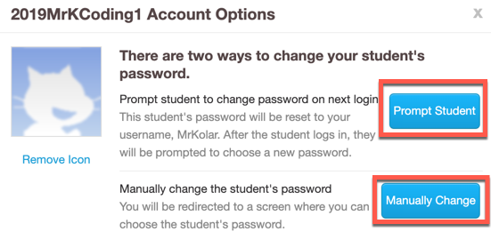 Screenshot of "account settings" tab with "Prompt Student" and "Manually Change" buttons emphasized