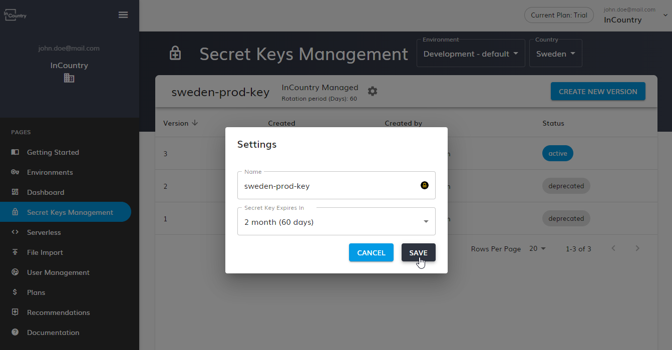 Editing settings of InCountry-managed secret key