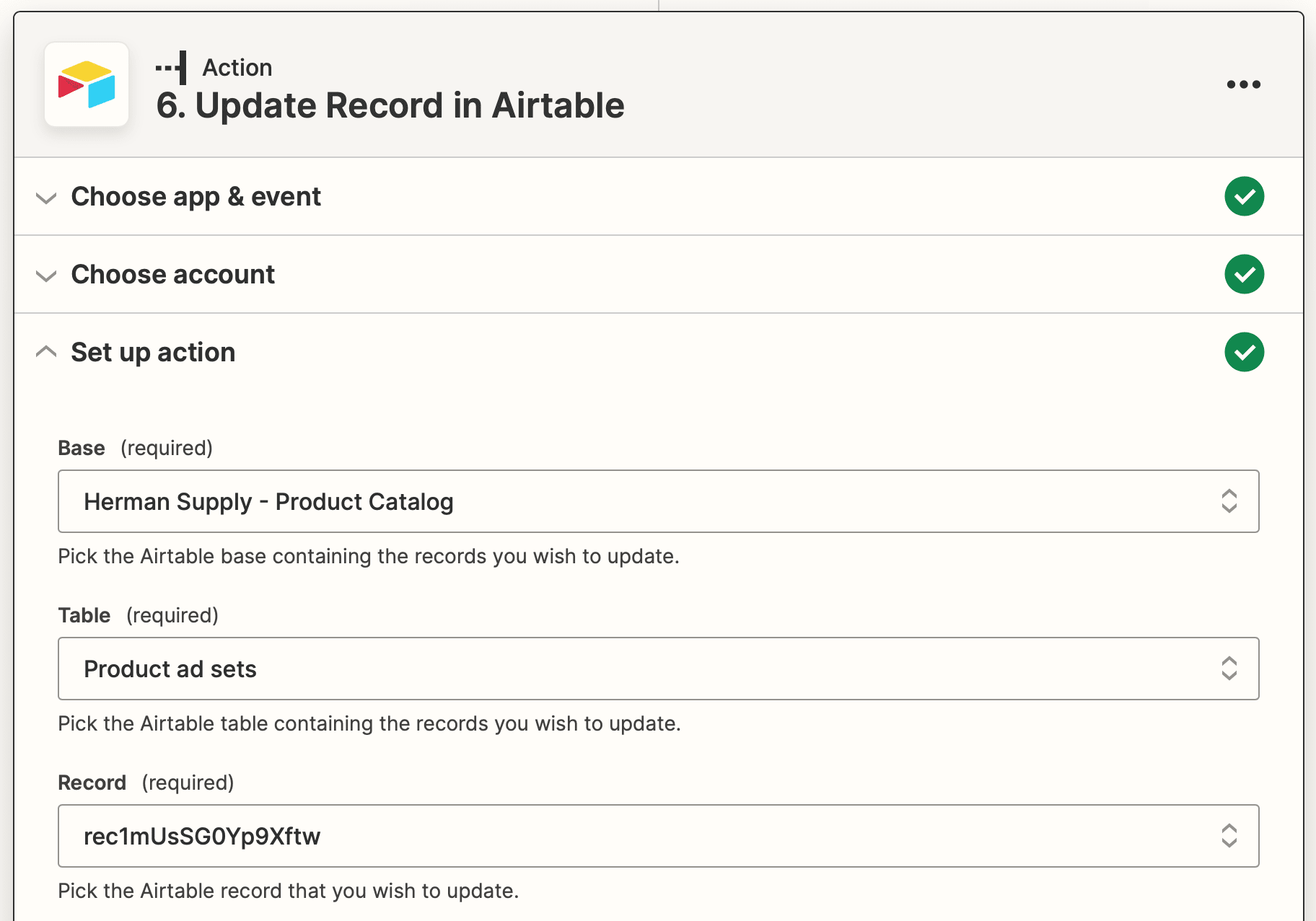 Screenshot of Zapier Airtable update record action setup with metadata mapped