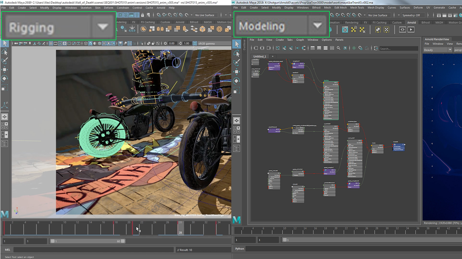How Autodesk Maya uses view modeling to represent different mental models. On the left is the interface for rigging 3D models. On the right, the interface for modeling.