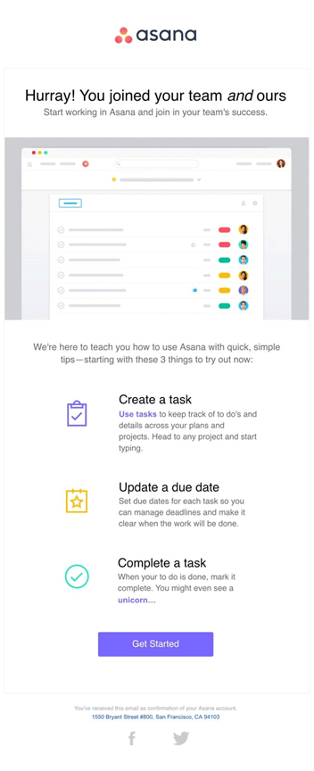 SaaS Welcome Email: Welcome email from Asana