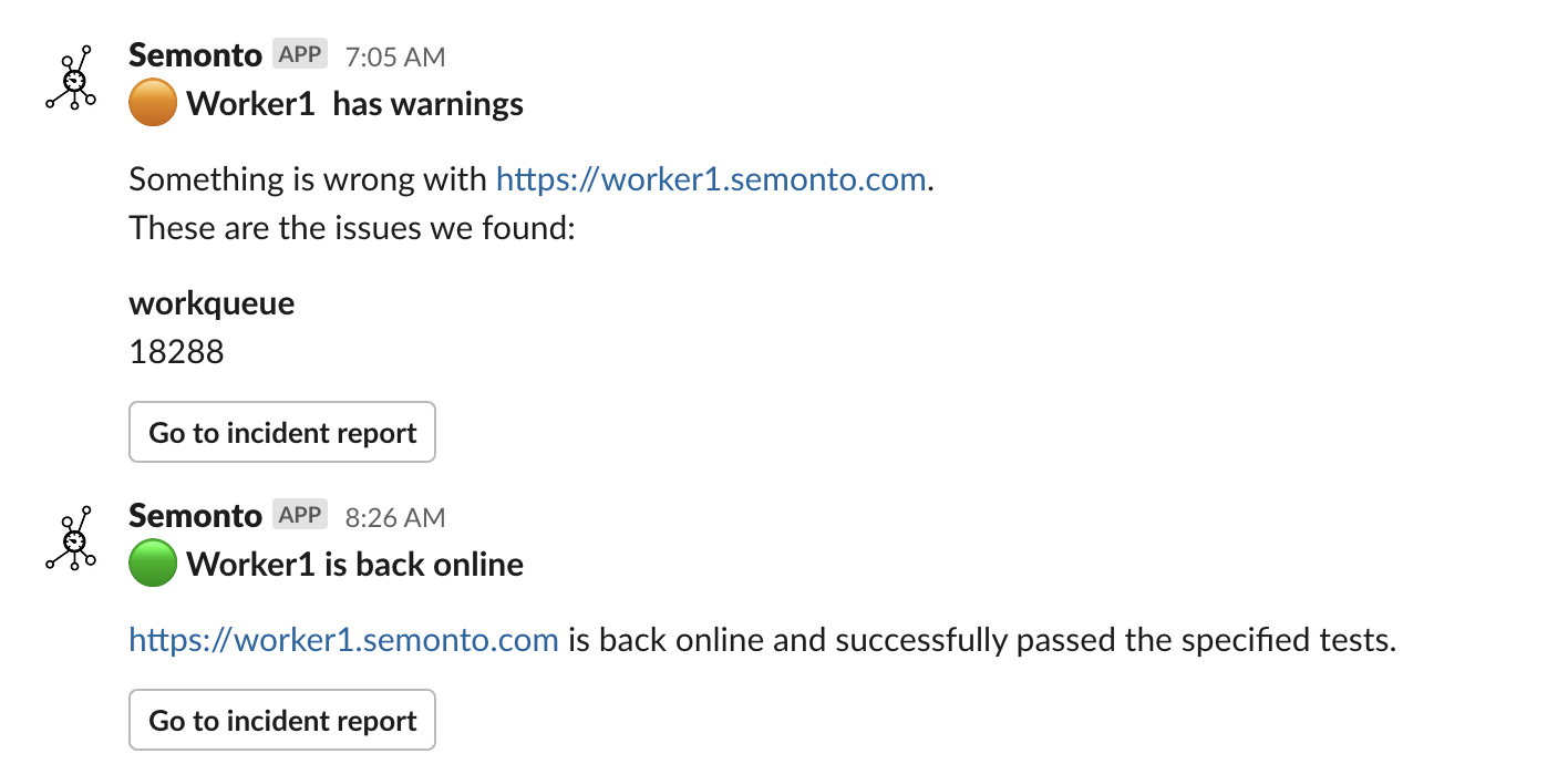 Examples of Slack notification from Semonto