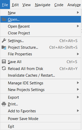 Screenshot of Open option on the IntelliJ File menu