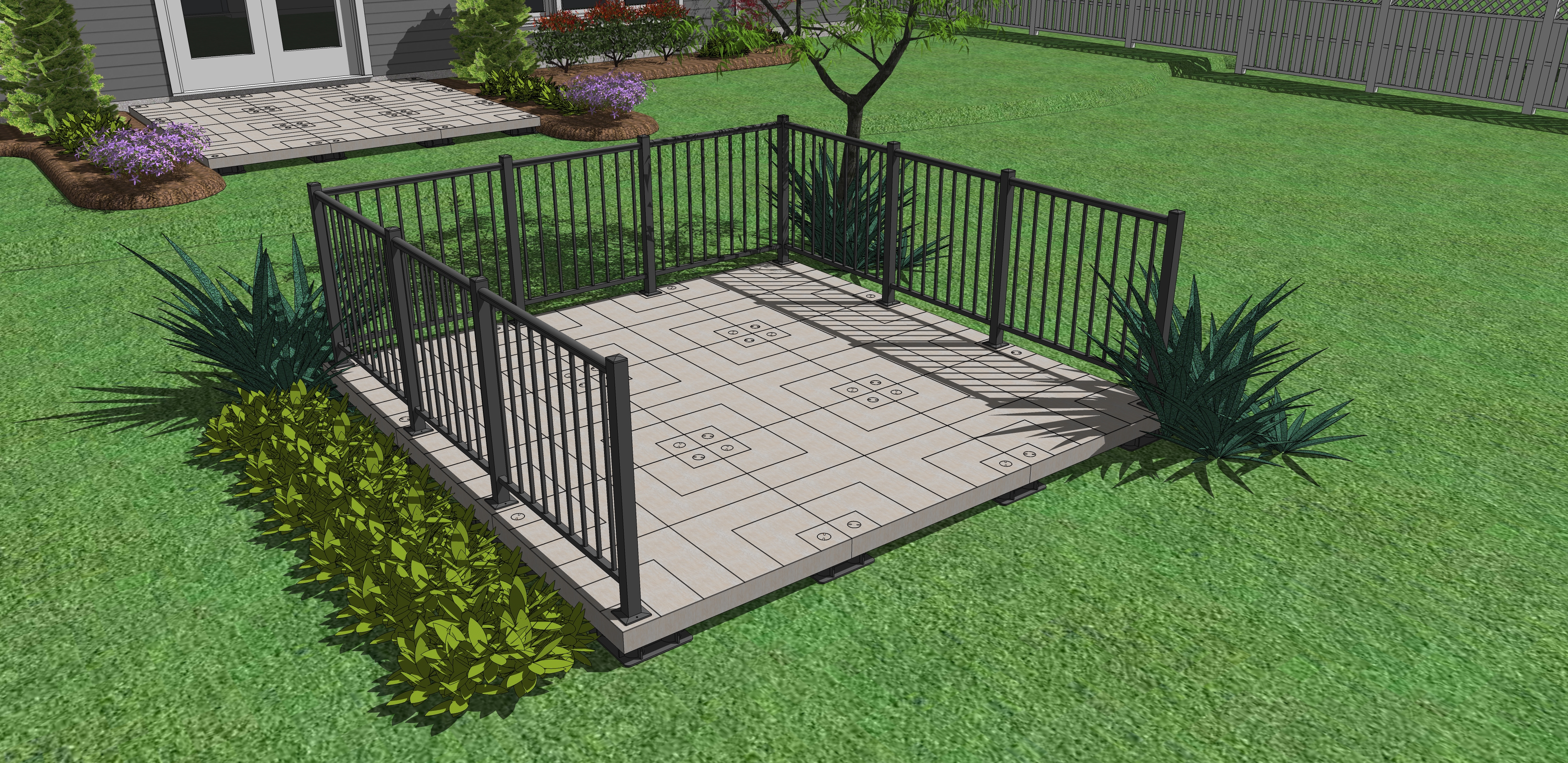 Floating landing/deck with a UDECX railing accessory