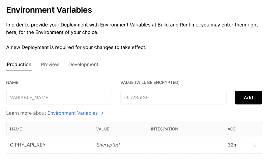 Prod, preview, dev secrets in Vercel