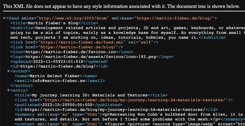 Screenshot of the raw XML of my feed, as typically presented by browsers when opening an XML file, with a message that there is no associated style information.