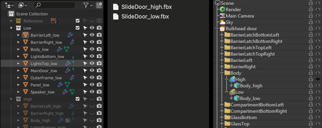 On the left mesh names in Blender, in the middle exported file names and on the right names in Marmoset, all with the postfix _high and _low.