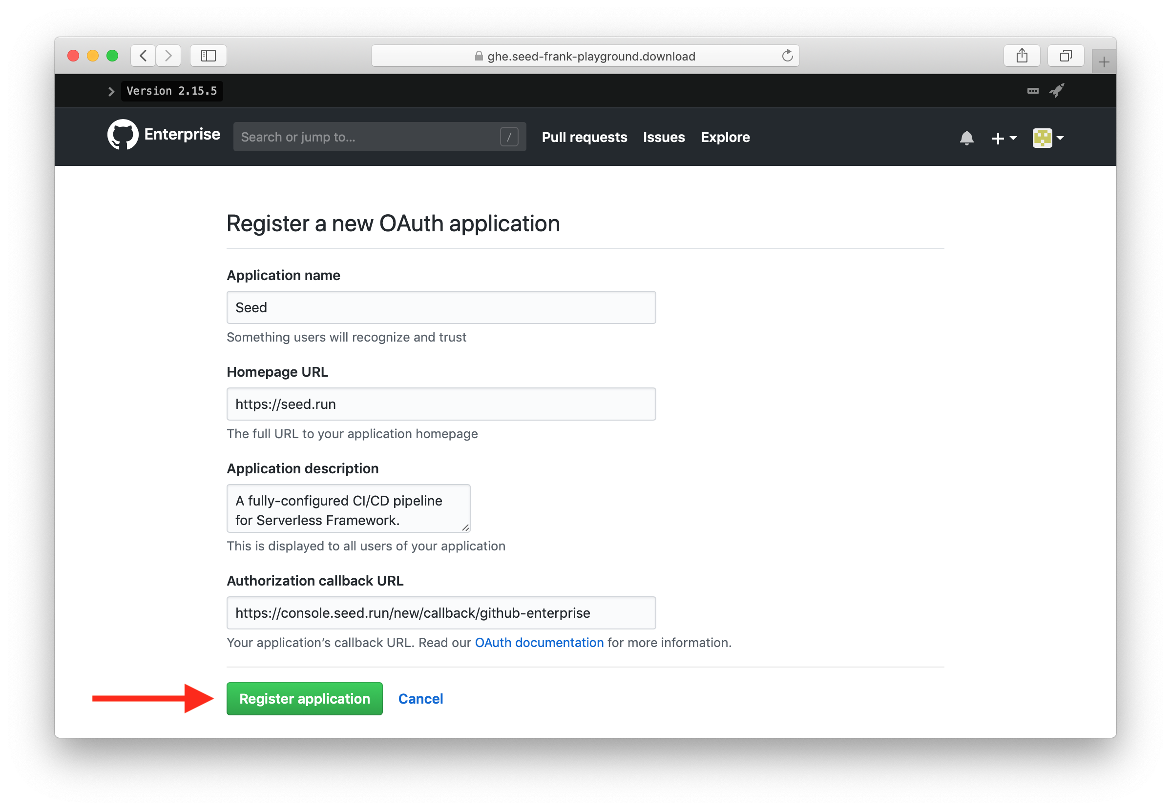 Fill out new OAuth App form