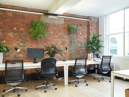 Urban garden style office workspace featuring exposed brick walls behind white desks with black mesh office chairs Google Meet background