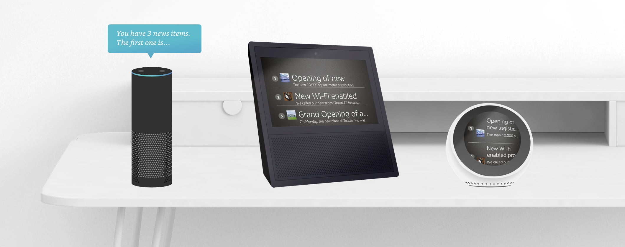 Illustration of Digital Assistant sending responses on an Alexa Show, an Alexa Echo and an Alexa Echo Spot