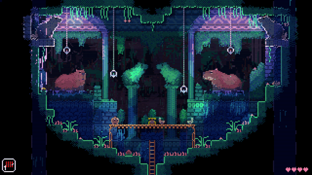 Screenshot from Animal Well of a verdant room with two capybaras.