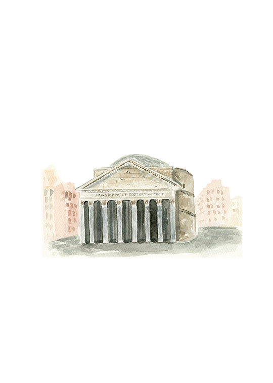 Pantheon Rome, Watercolor illustration by One and Only Paper