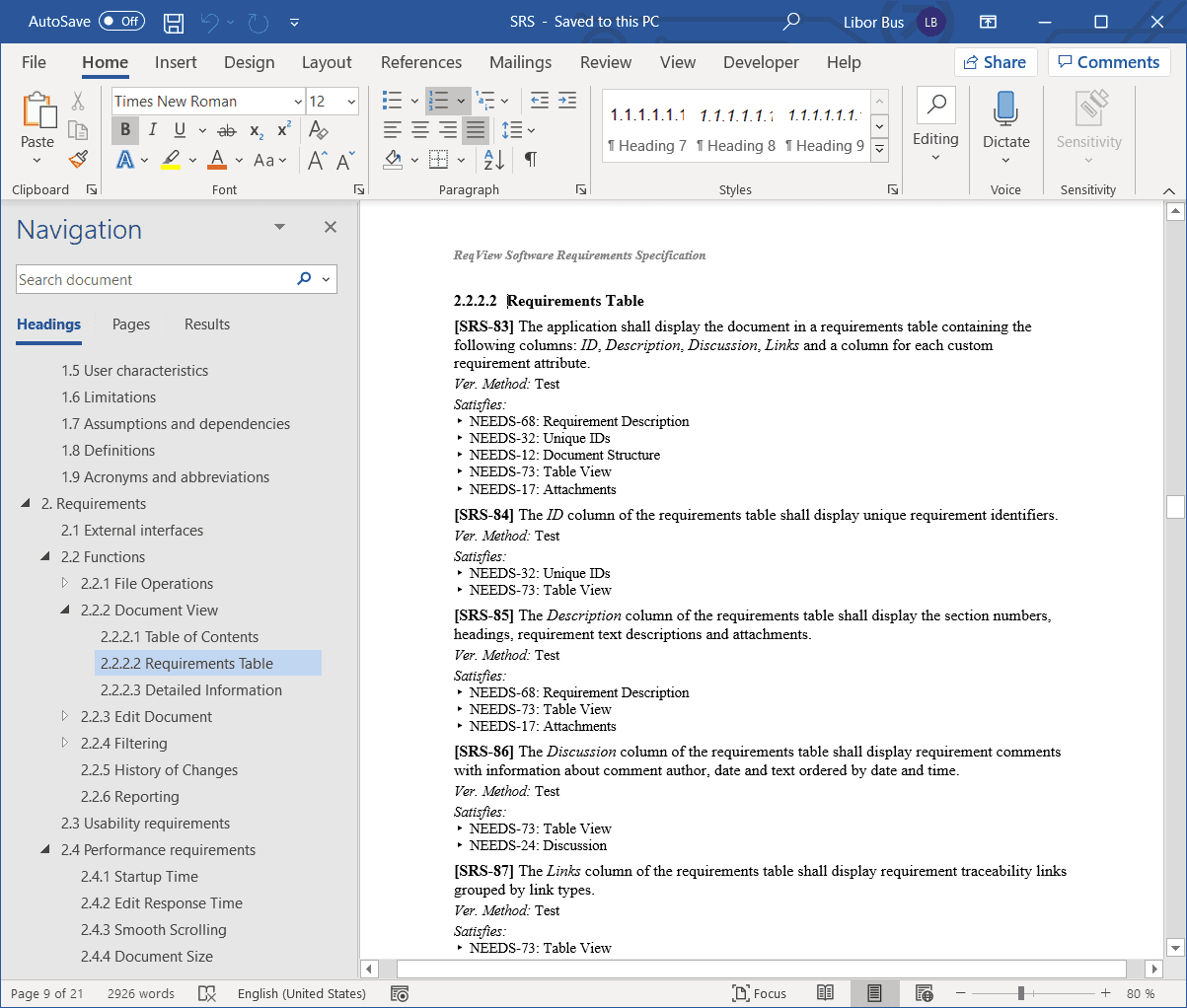 MS Word document with requirements and traceability links exported from ReqView