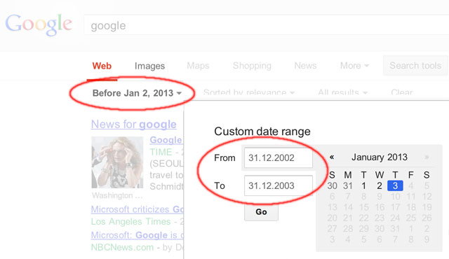 Google custom date range search from Dec 31, 2002, to Dec 31, 2003.