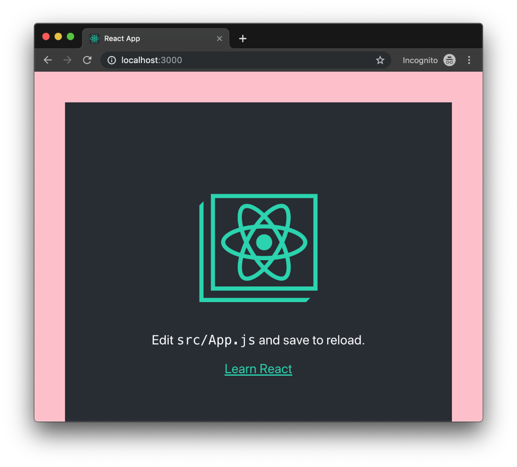 Screenshot of Create React App running in a browser.