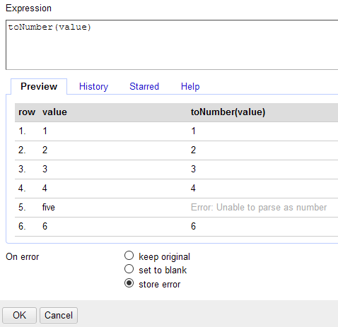 A view of the expressions window with an error converting a string to a number.