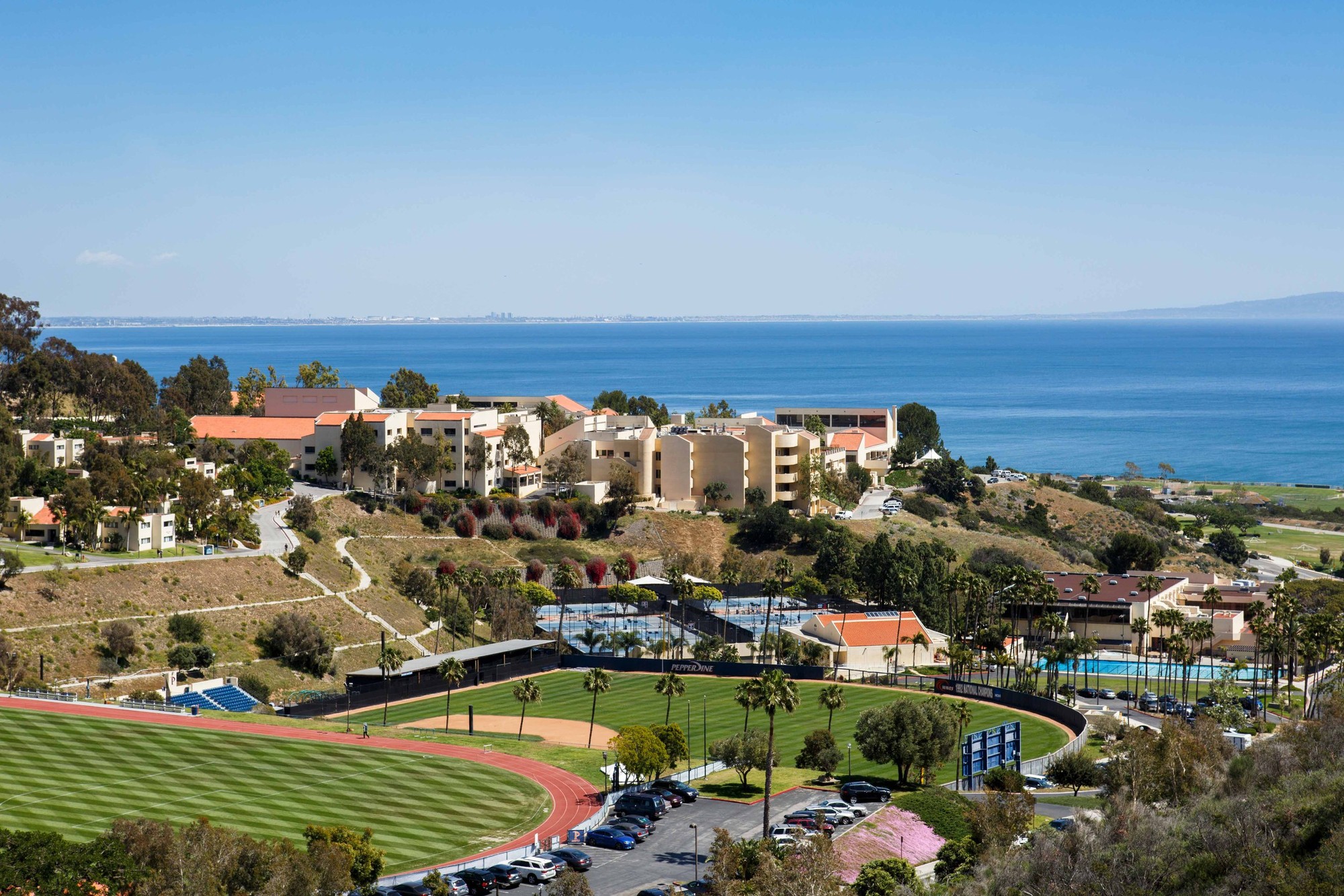 Pepperdine University sports facilities and campus buildings with the Pacific ocean and Los Angeles in the background