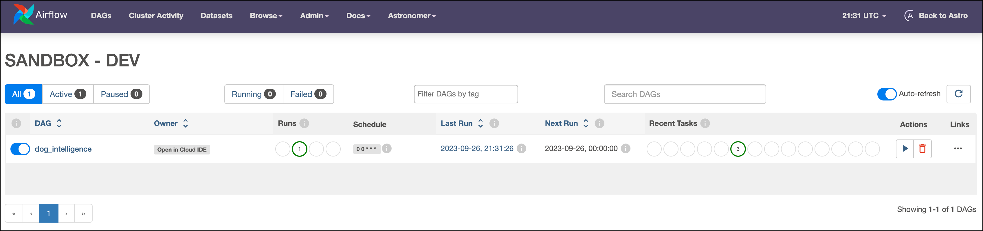 Screenshot of the Airflow UI of an Astro deployment showing a successful run of the DAG.