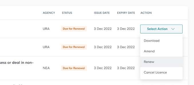Screenshot of renew existing licence