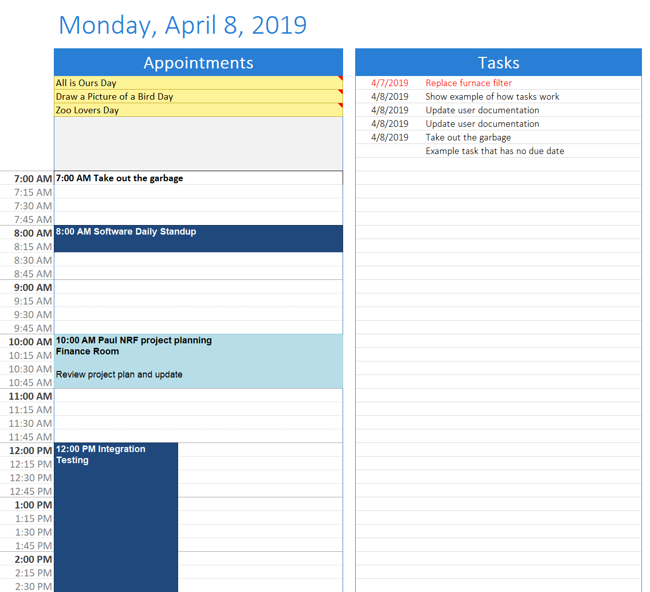 1 Day/Page with Task List Template