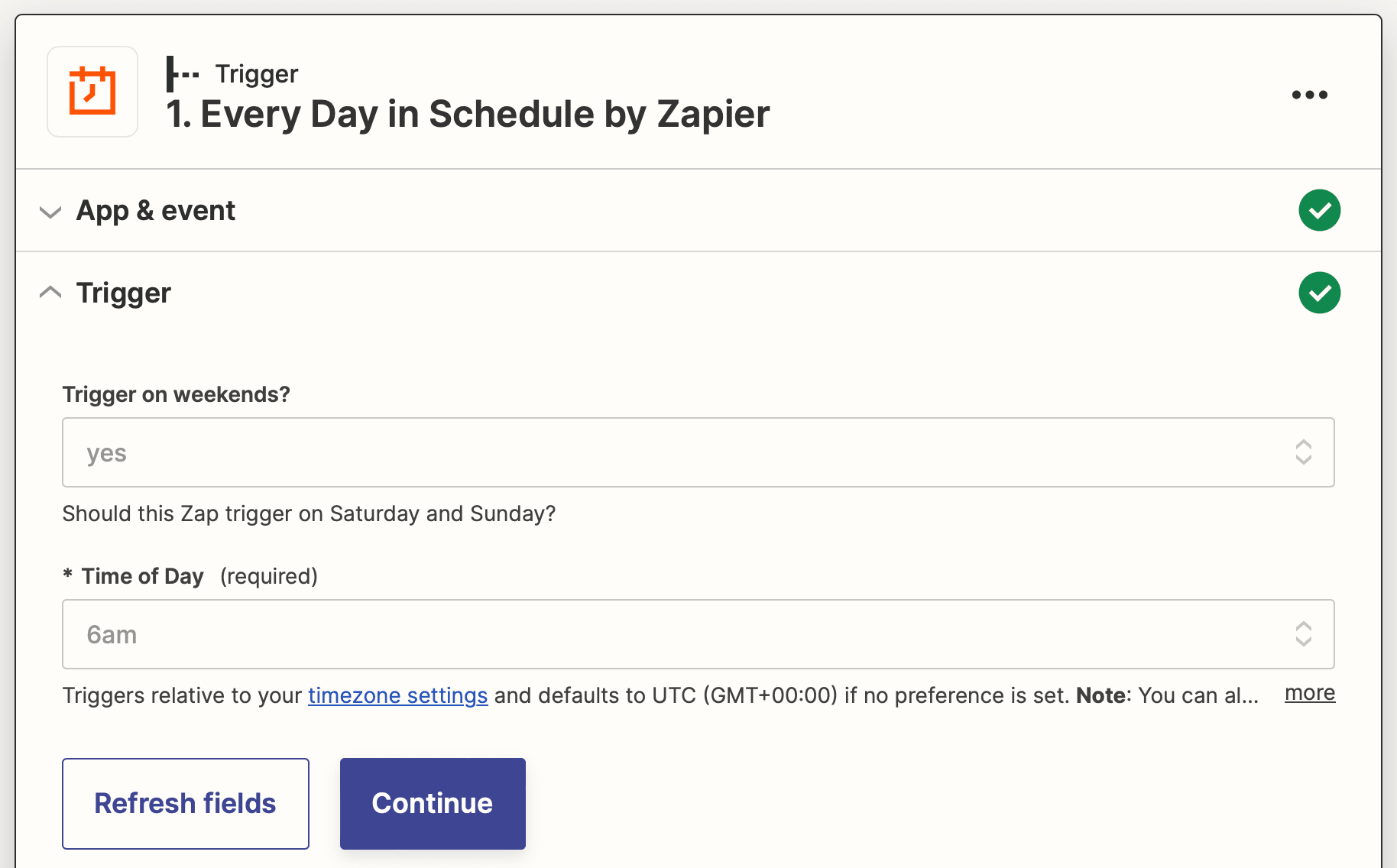 Screenshot of Zapier Schedule by Zapier Every Day trigger