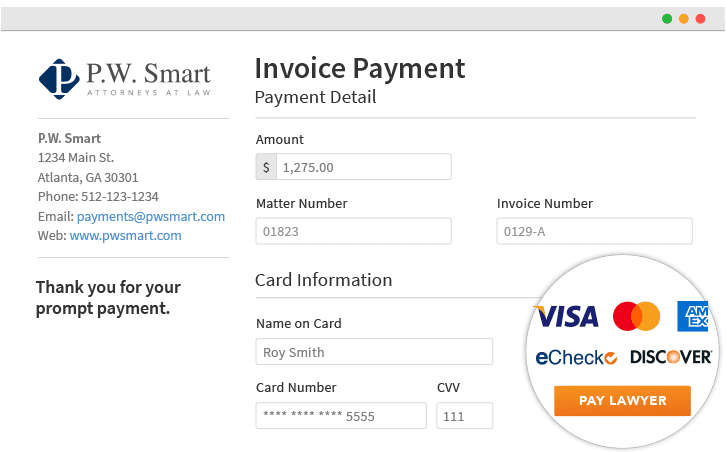 A screen showing a client payment invoice with the client's address and payment information