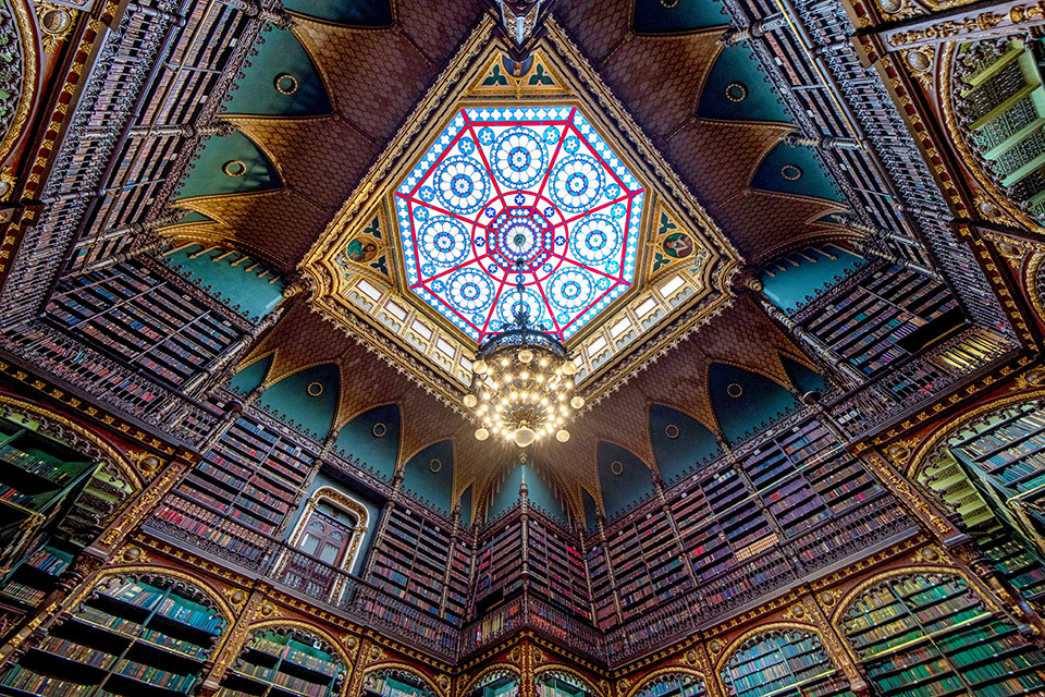stained glass ceiling in the royal portuguese reading room