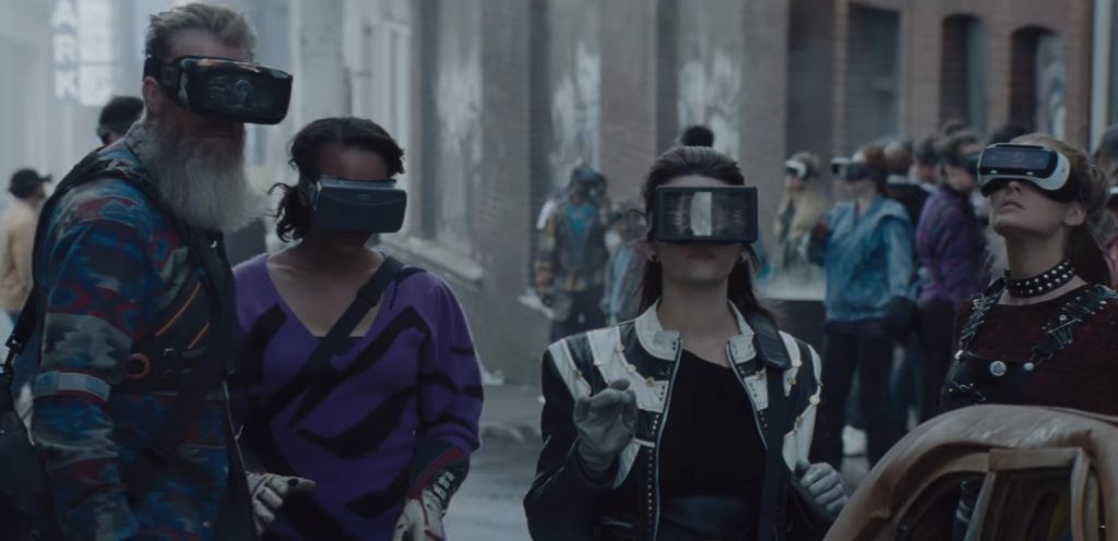 Oasis users from Ready Player One standing in the street with their headsets on.