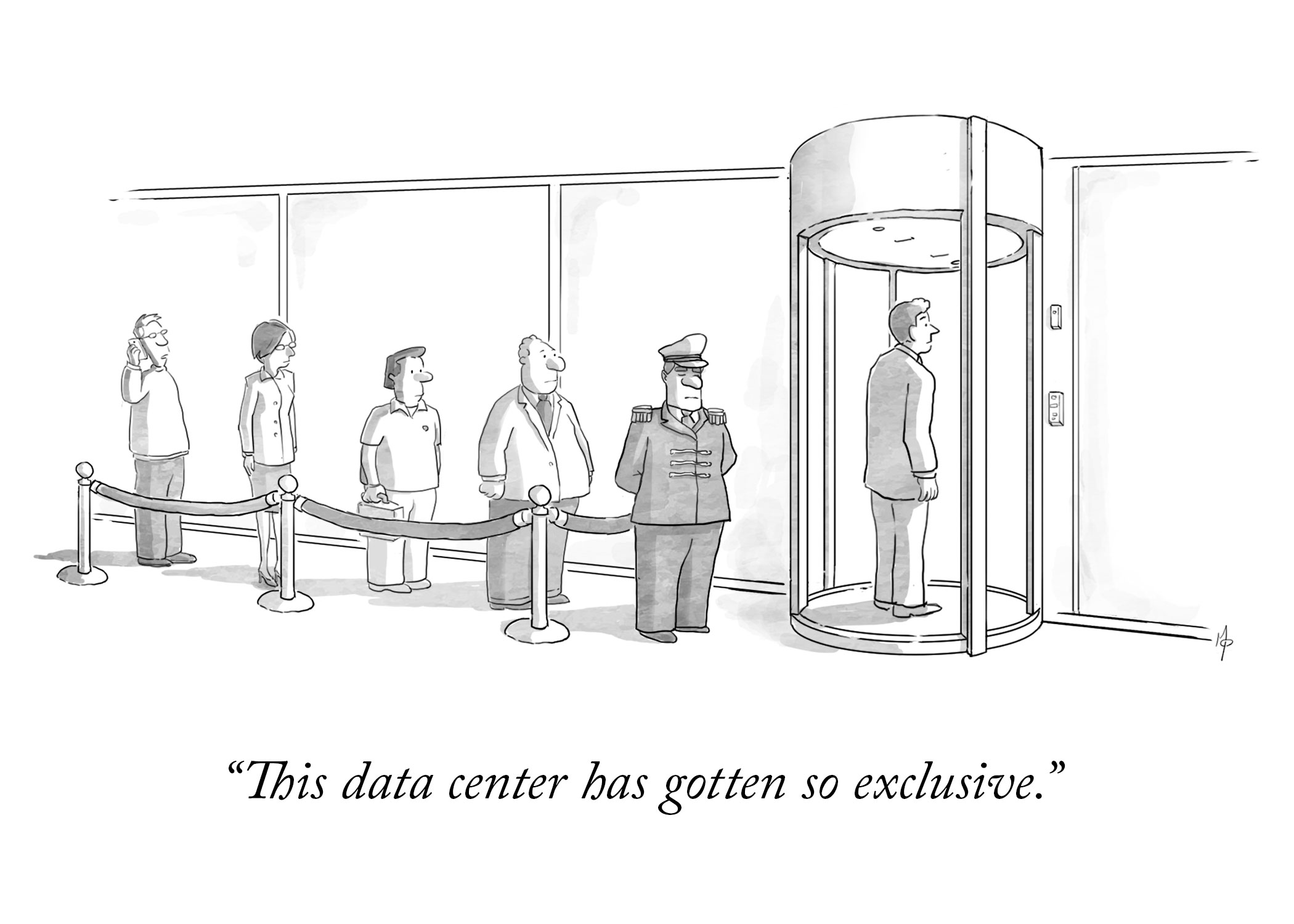 New Yorker style illustration. This is a line outside a data center with a fancy looking doorman and velvet rope. The caption reads: This IBX has gotten so exclusive.