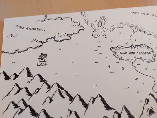 Partie nord-ouest de la carte d'Edurion avec une forêt, un lac et un petit village appelé Lemi