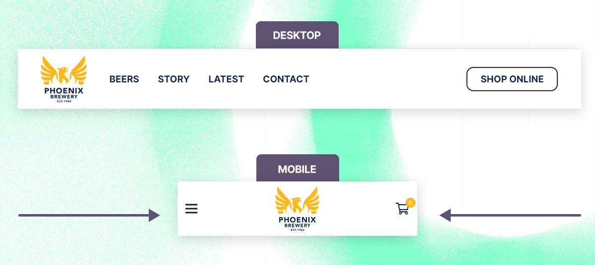An image showing the design differences between a header on desktop and mobile highlighting how the menu changes on mobile.