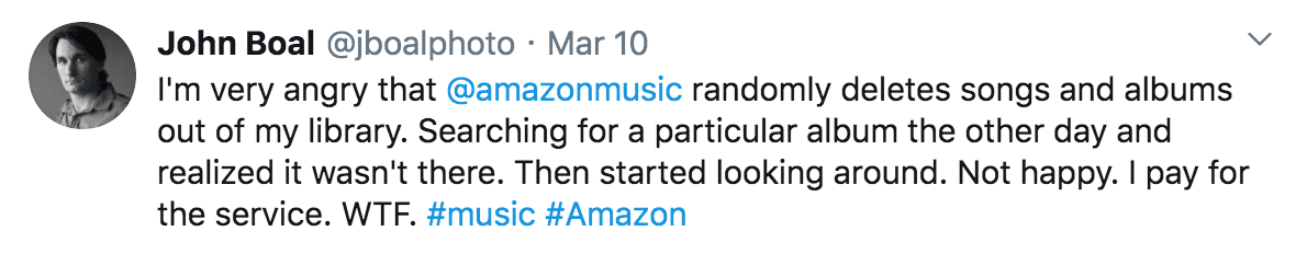 Angry tweet about the service at Amazon music